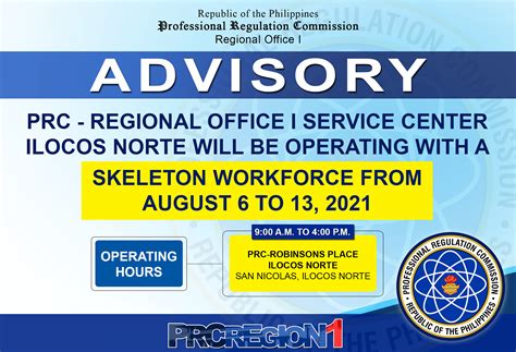 Operating Hours of PRC Offices and Service Centers in NCR on August 6.